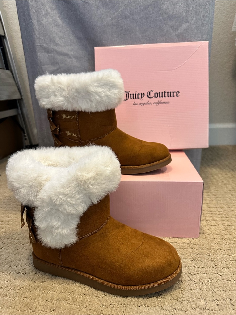 Juicy Couture Chestnut Brown Faux Suede Winter Boots with White Faux Fur Cuff